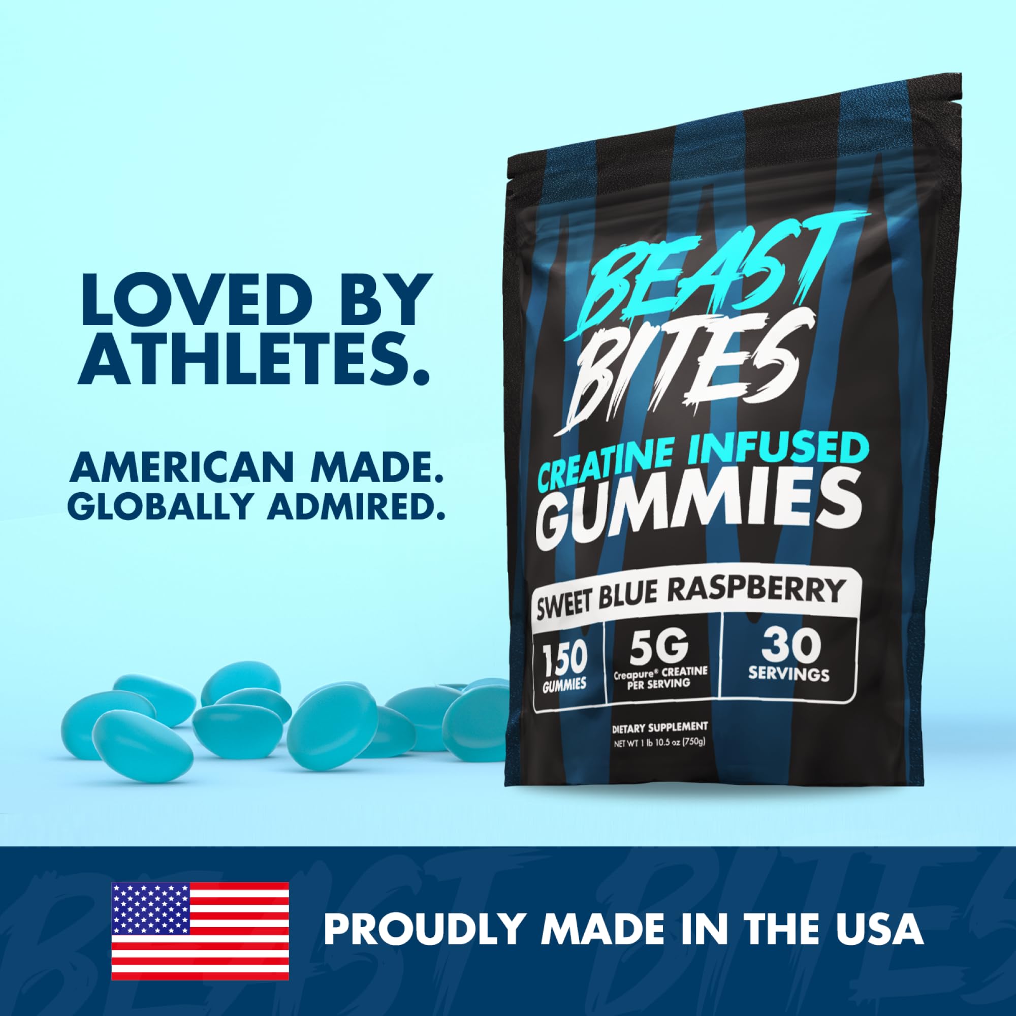 Beast Bites Creatine Gummies pack image with flavor-rich visuals to boost workout focus