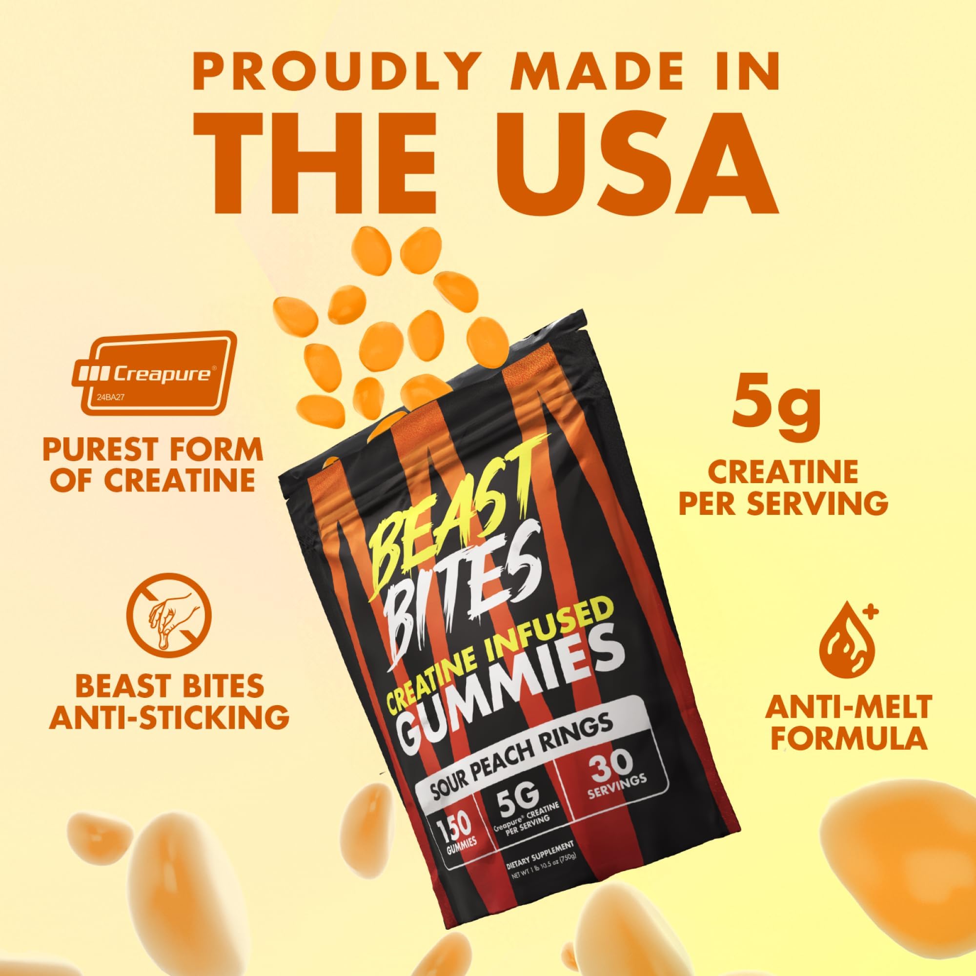 BEAST BITES Creatine Gummies serving size label close-up emphasizes 5g per serving.