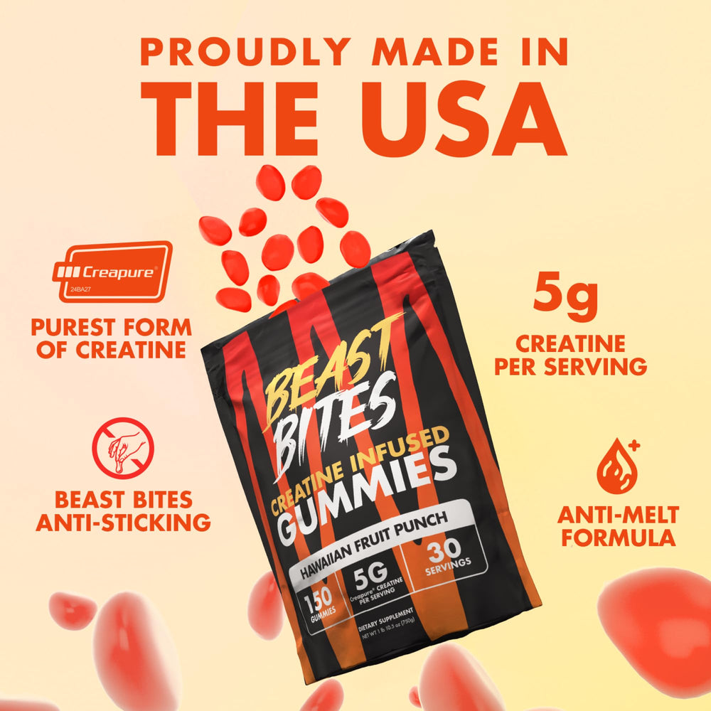 BEAST BITES Creatine Gummies serving image highlighting flavor and quick chew.