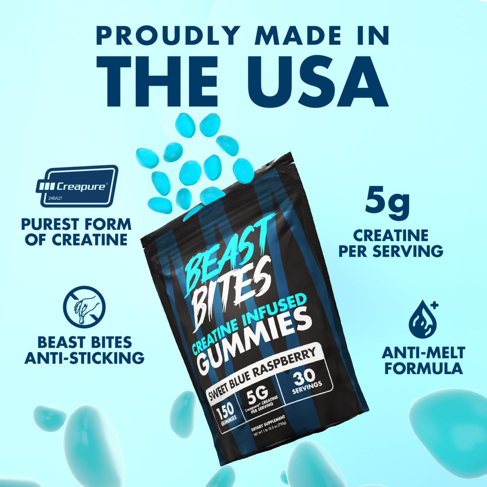 Beast Bites Creatine Gummies serving size on bottle highlighting 30 servings for stamina