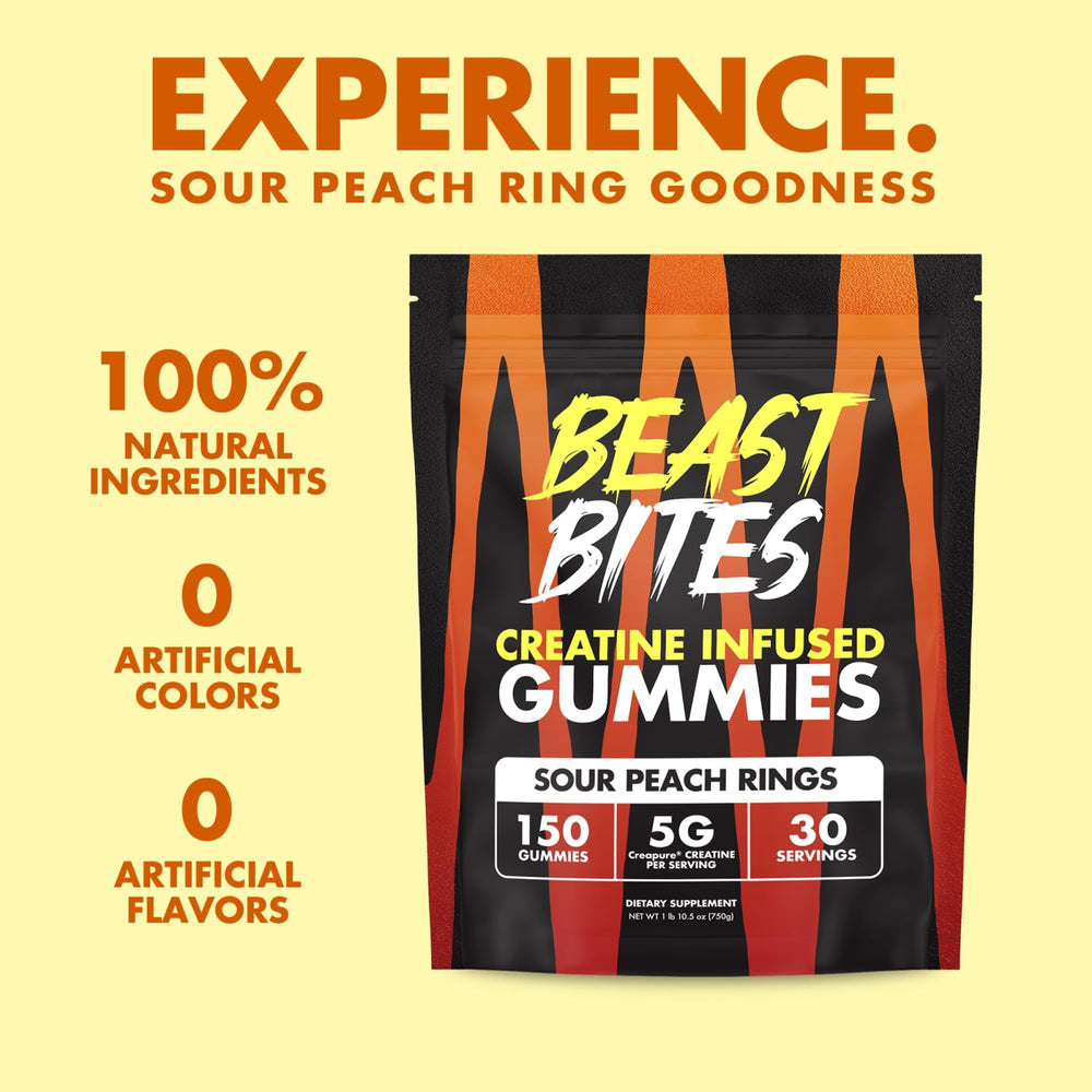 BEAST BITES Creatine Gummies texture close-up shows chewy, easy-to-take consistency.