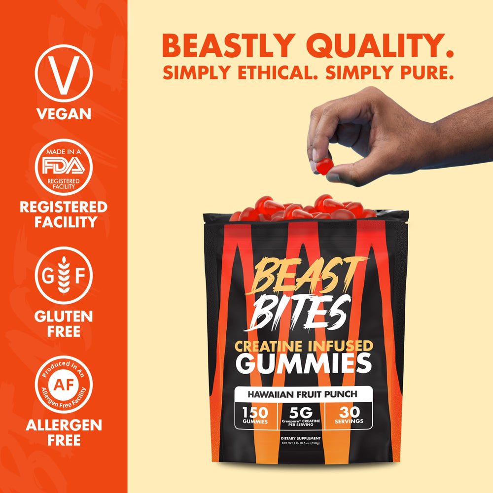 USA-made BEAST BITES Creatine Gummies label emphasizing Creapure purity.