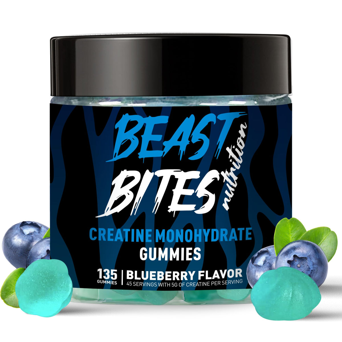 BEAST BITES Nutrition Creatine Monohydrate Gummies bottle on shelf, convenient pre-workout energy support
