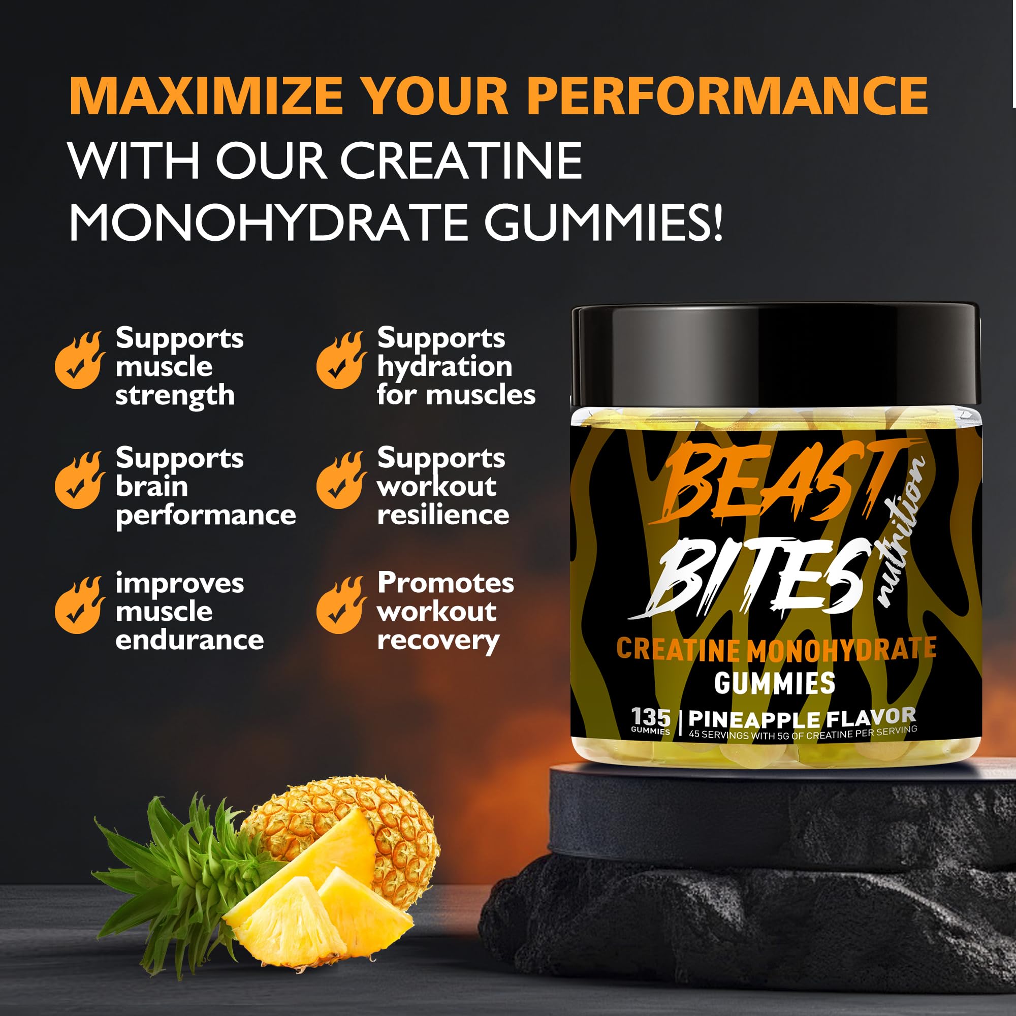 Gummies poured from BEAST BITES Nutrition bottle for easy serving.