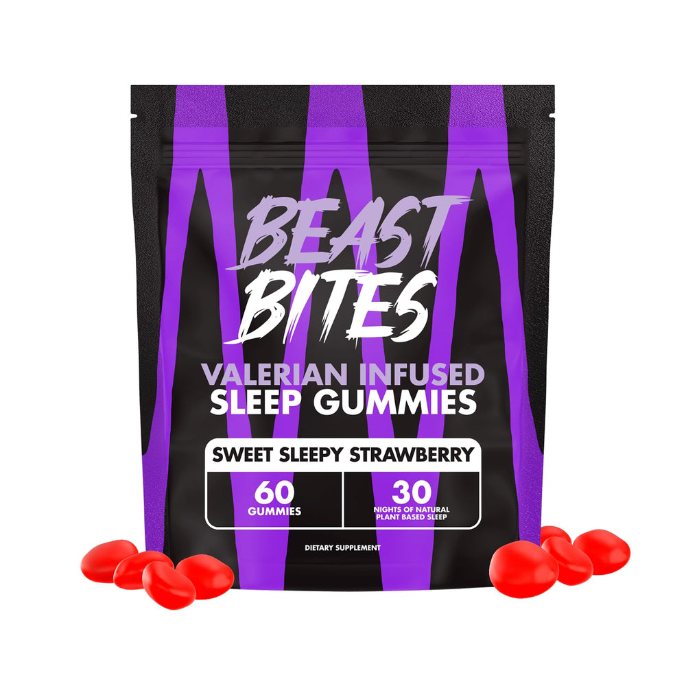 Beast Bites Valerian Sleep Gummies bottle showing nighttime calm