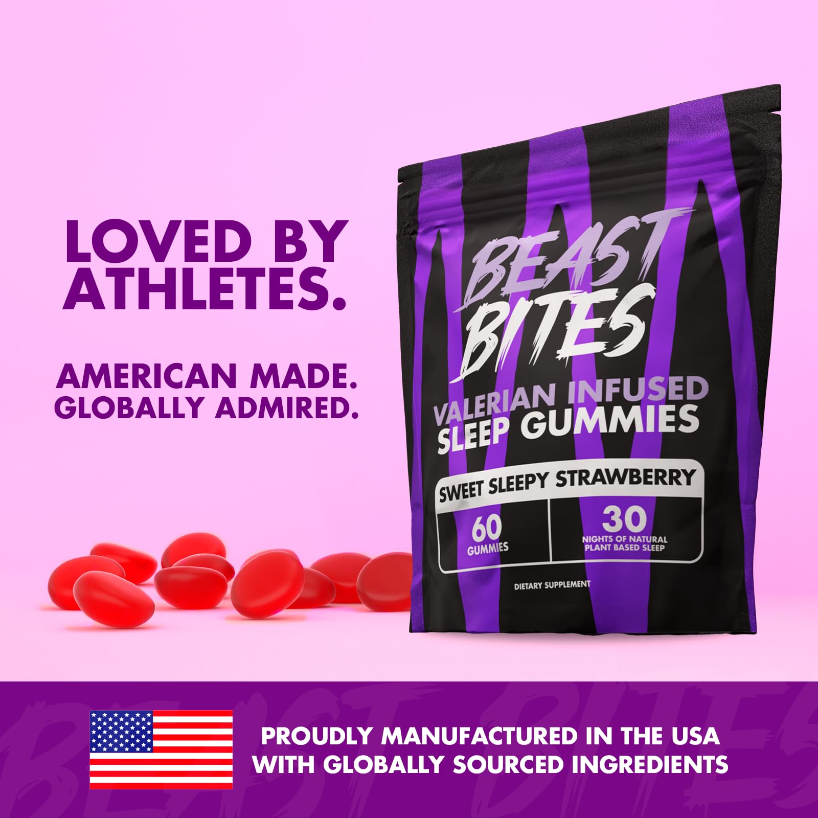 Beast Bites Valerian Sleep Gummies packaging highlighting vegan and gluten-free