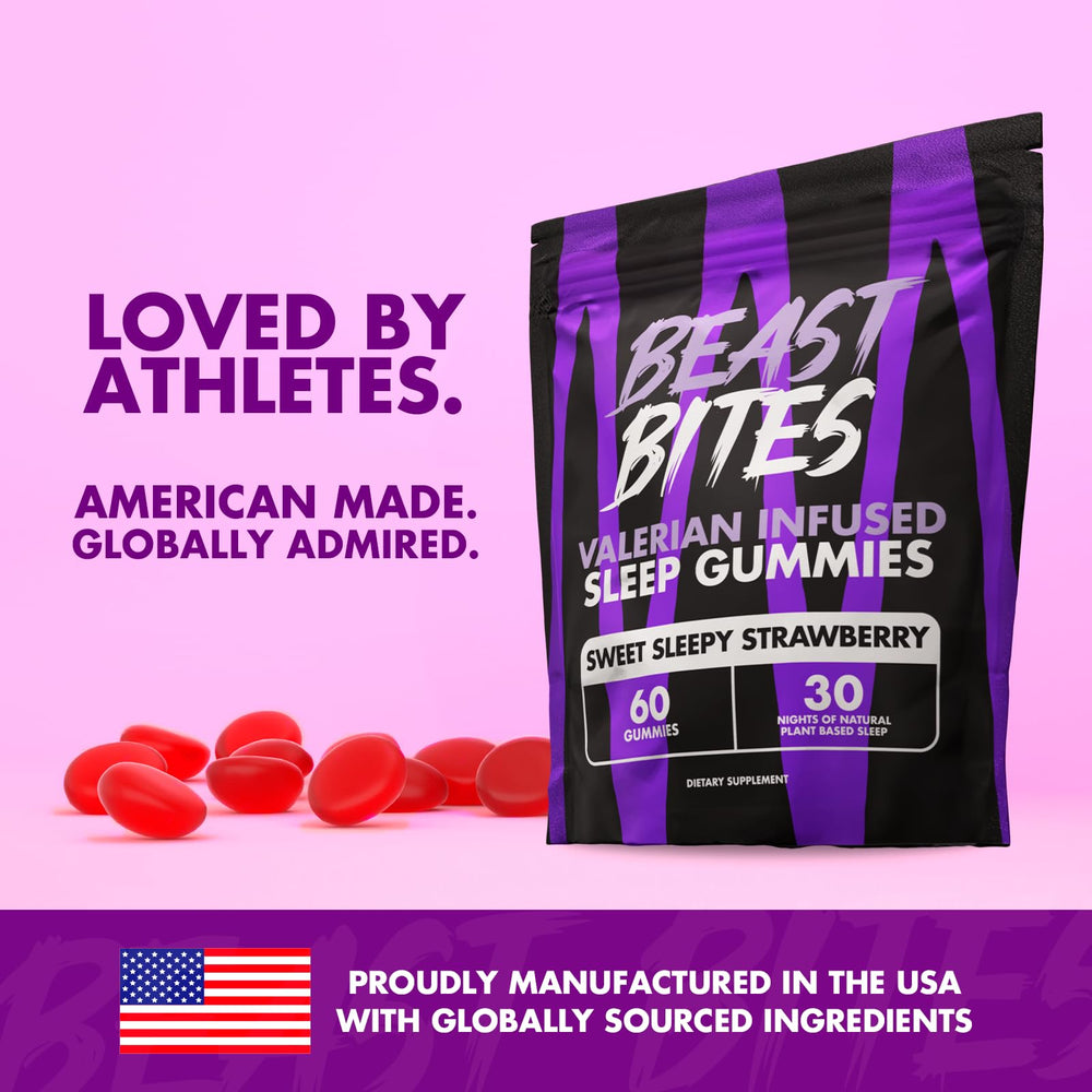 Beast Bites Valerian Sleep Gummies packaging highlighting vegan and gluten-free