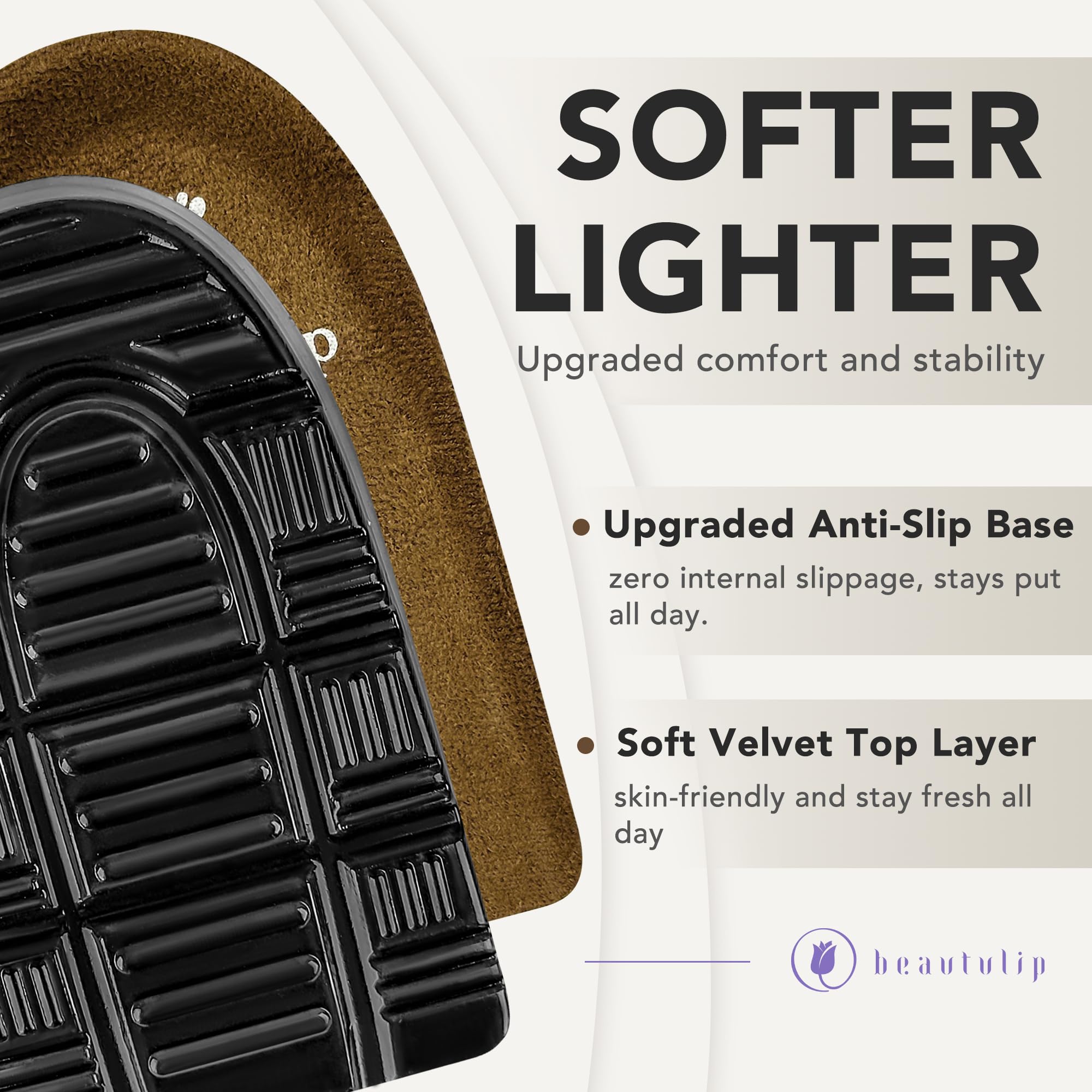 Beautulip Heel Cups velvet top cushions the heel for irritation-free comfort.