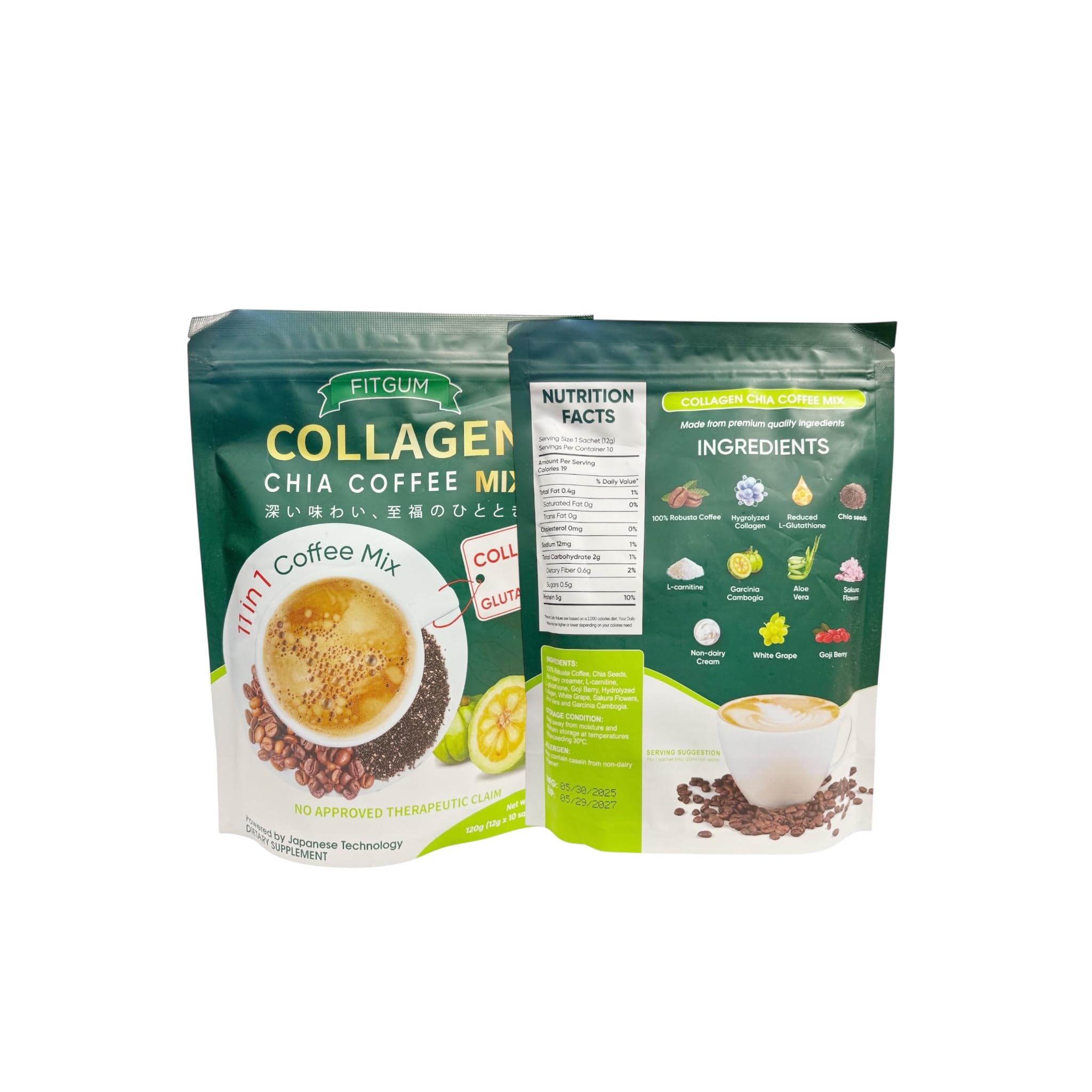 Beauty Milk Fit Gum Collagen Chia Coffee packaging shows the 3-pack set