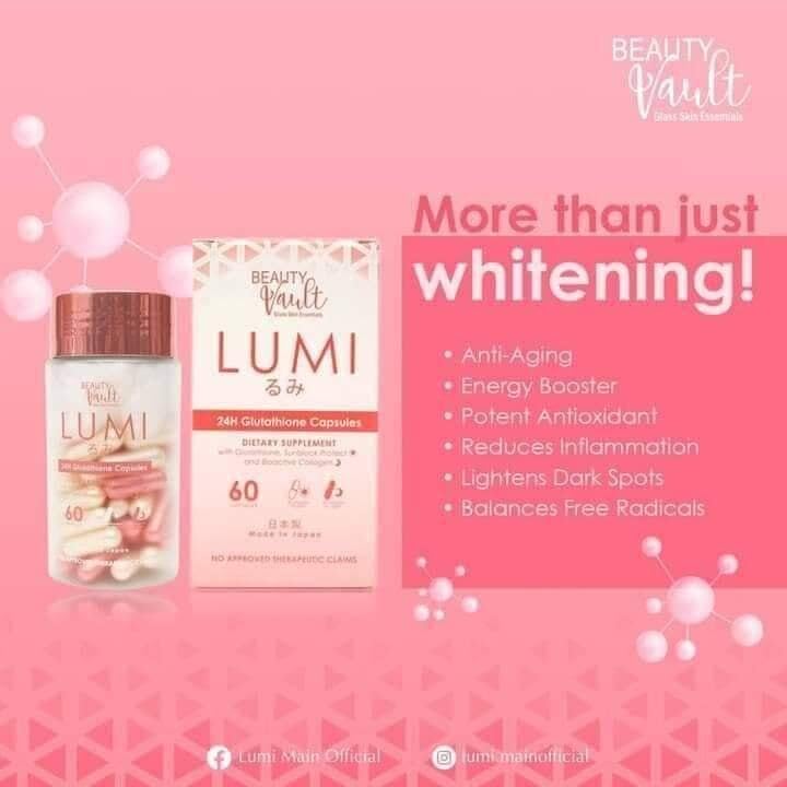 Beauty Vault LUMI 24H glutathione labels close-up showing dosage and ingredients