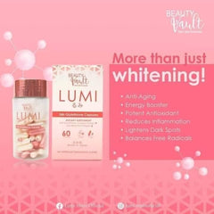 Beauty Vault LUMI 24H glutathione labels close-up showing dosage and ingredients