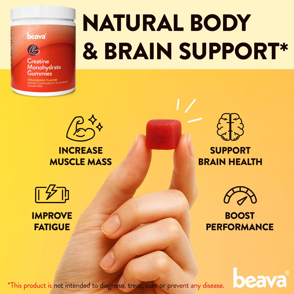 Beava Creatine Gummies bottle with strawberries highlighting flavor and vibe.