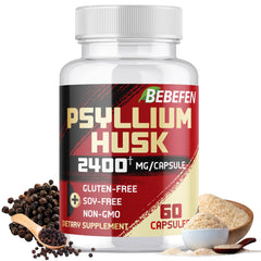 BEBEFEN Psyllium Husk Capsules bottle shown, delivering 2400mg per serving for digestive support.