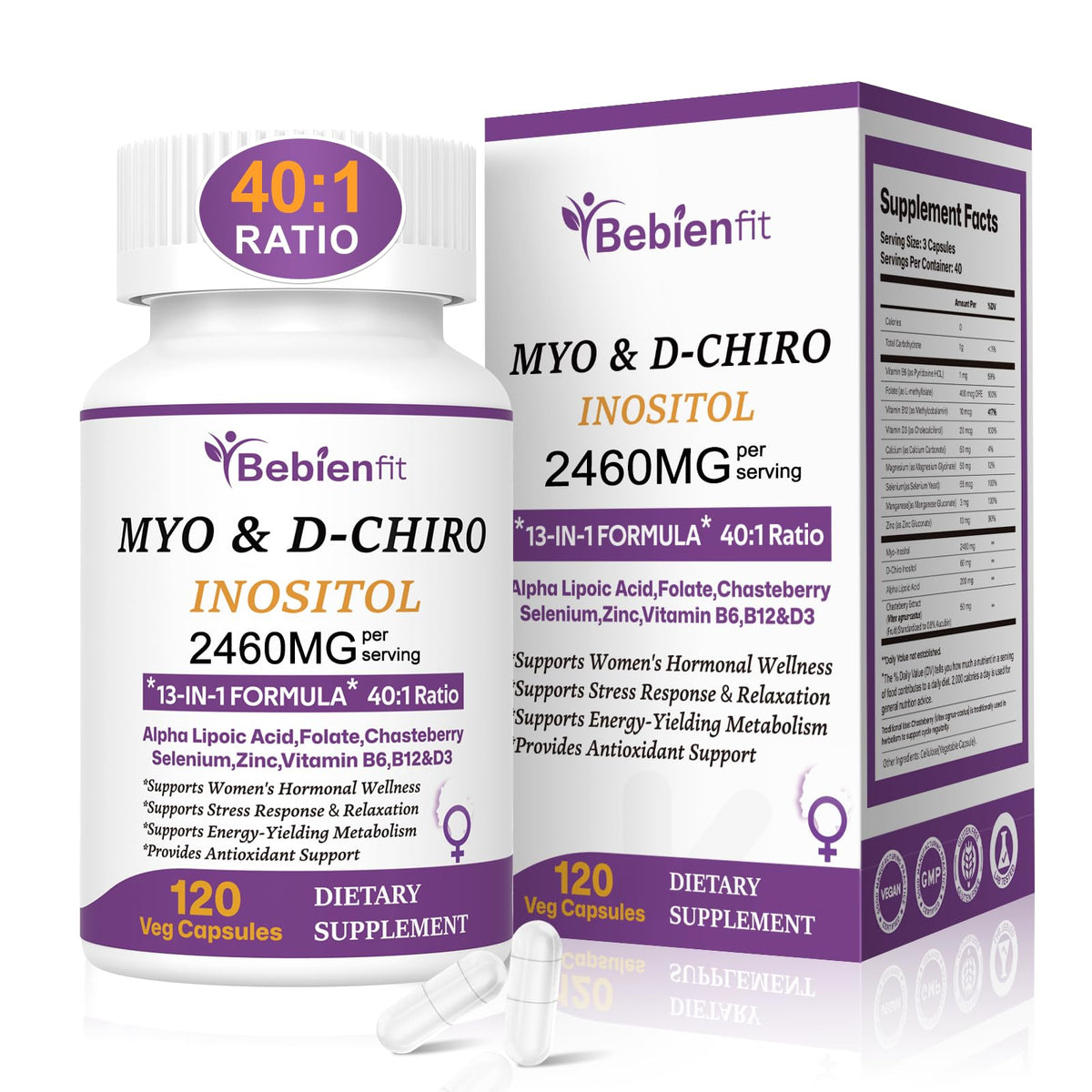 Bebien fit 13in1 bottle showing Myo-Inositol and D-Chiro Inositol for hormonal balance