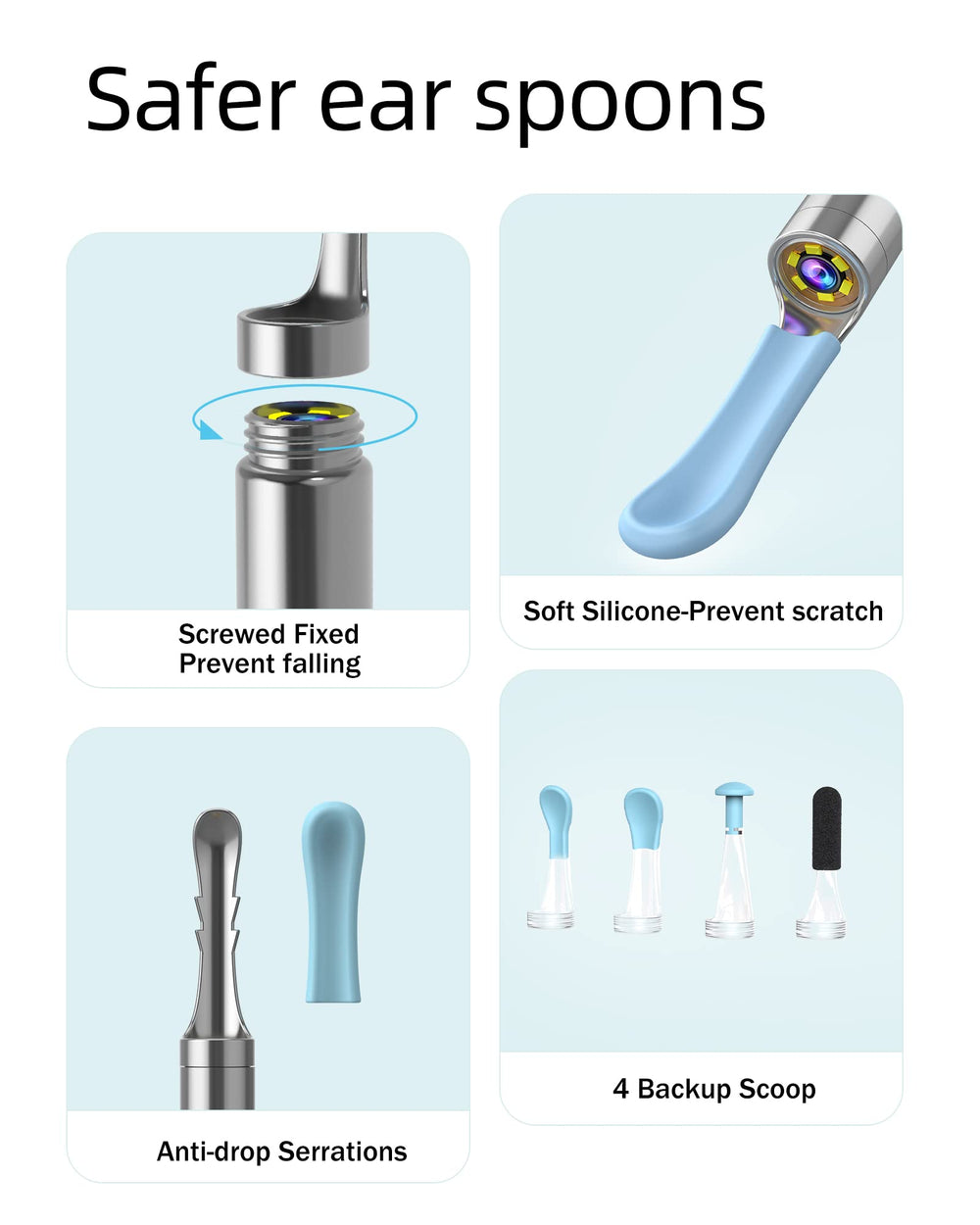 BEBIRD Four-piece ear scoops offer gentle options for safe cleaning.