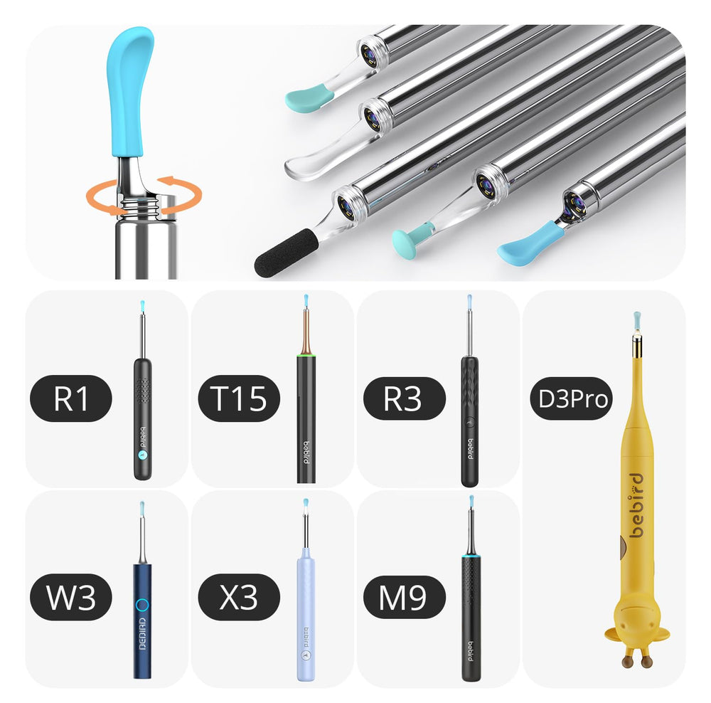 BEBIRD wet and dry tip close-up shows versatile ear spoon ends for different wax cleanup needs.