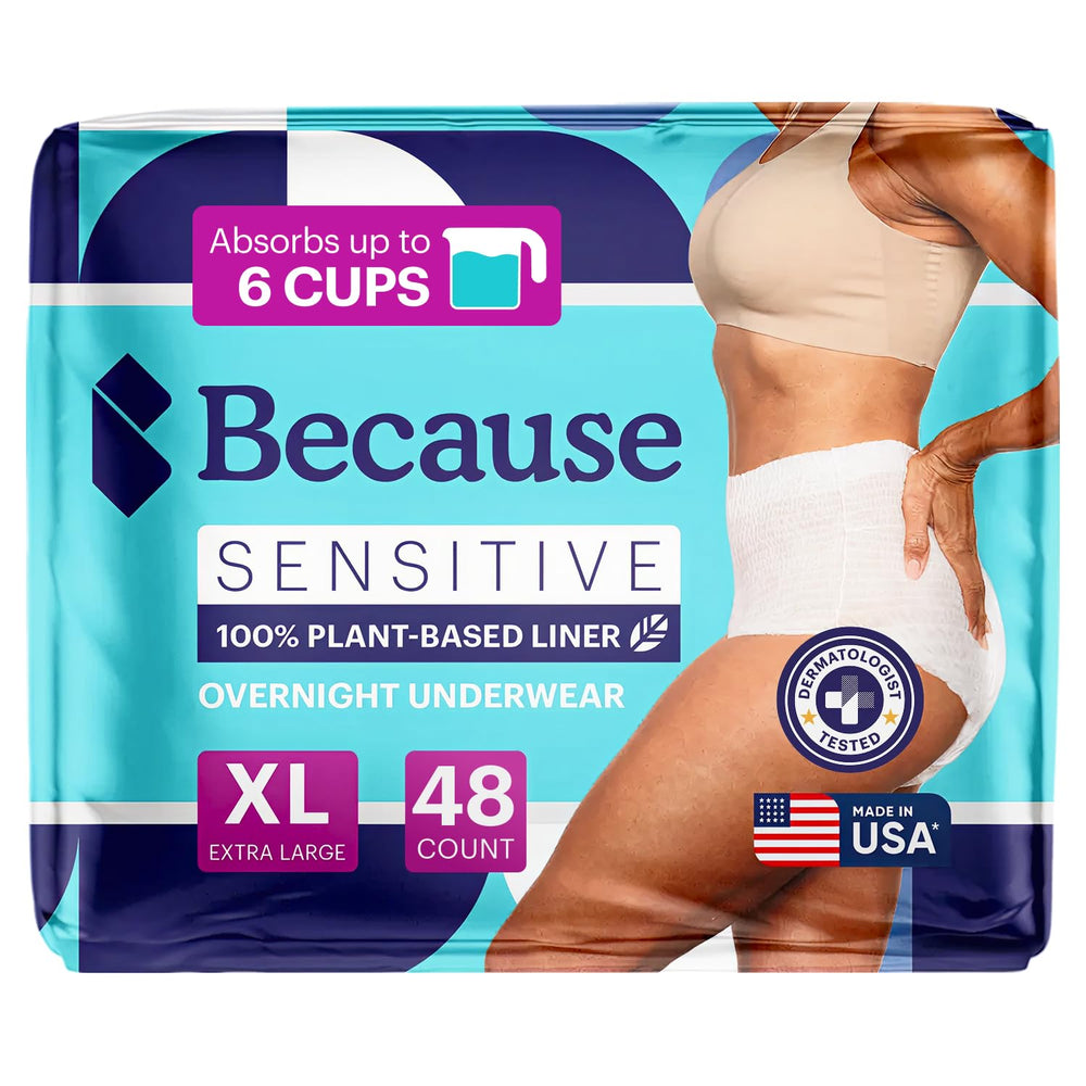 Because adult underwear package front view for discreet overnight protection.