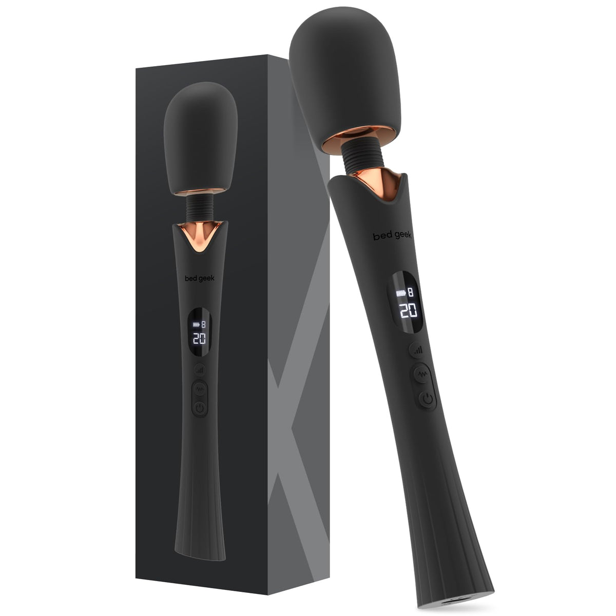 Bed Geek cordless wand massager with rose gold head for targeted relief