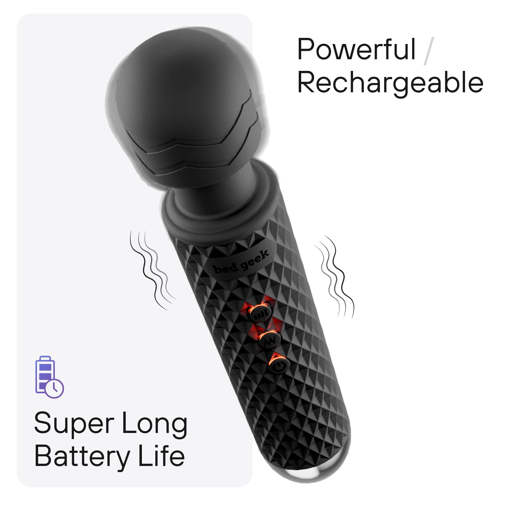 Bed Geek USB-rechargeable massage wand offering cordless convenience for on-the-go recovery