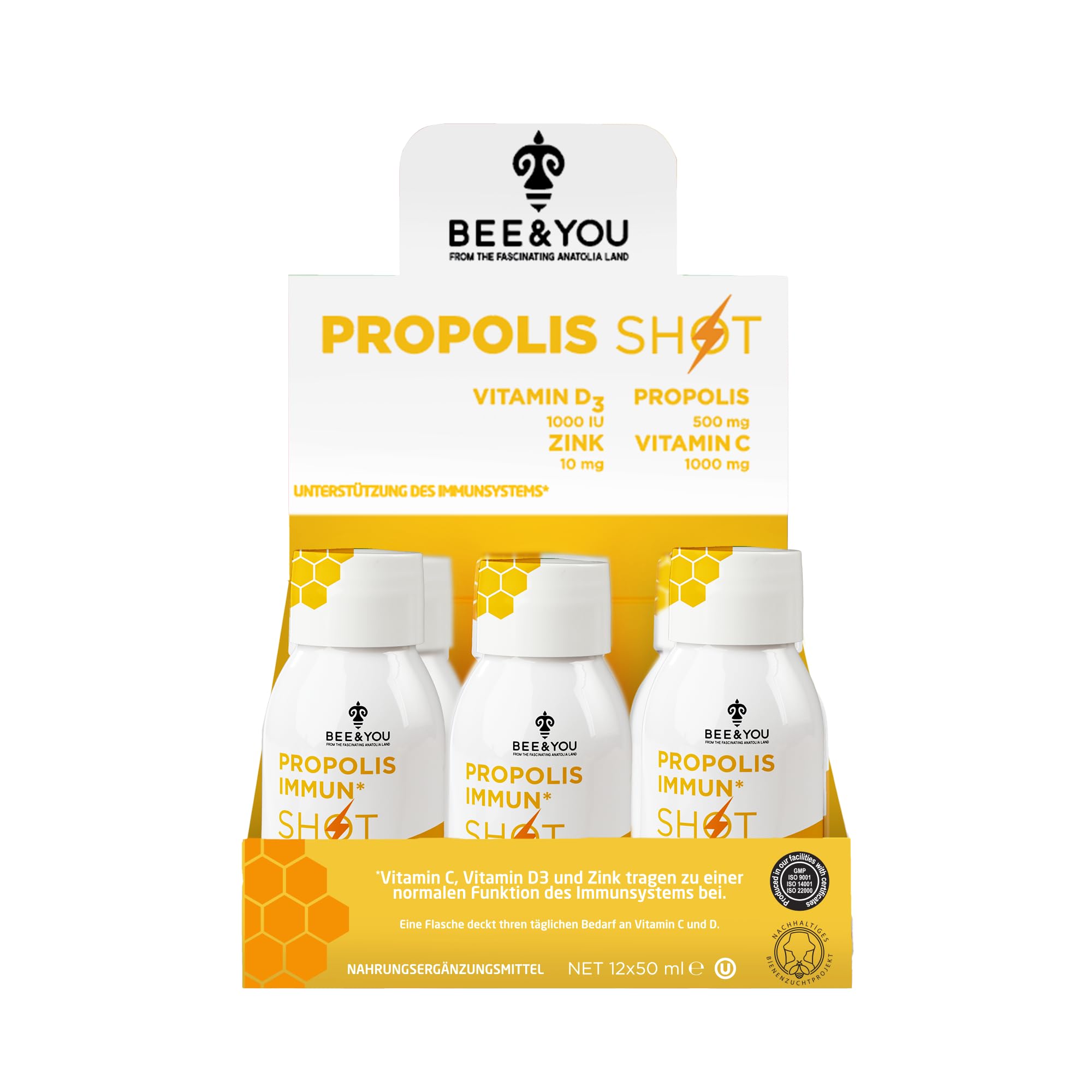 Bee & You Immune Shot bottle on a bright counter, supports daily wellness with antioxidants.