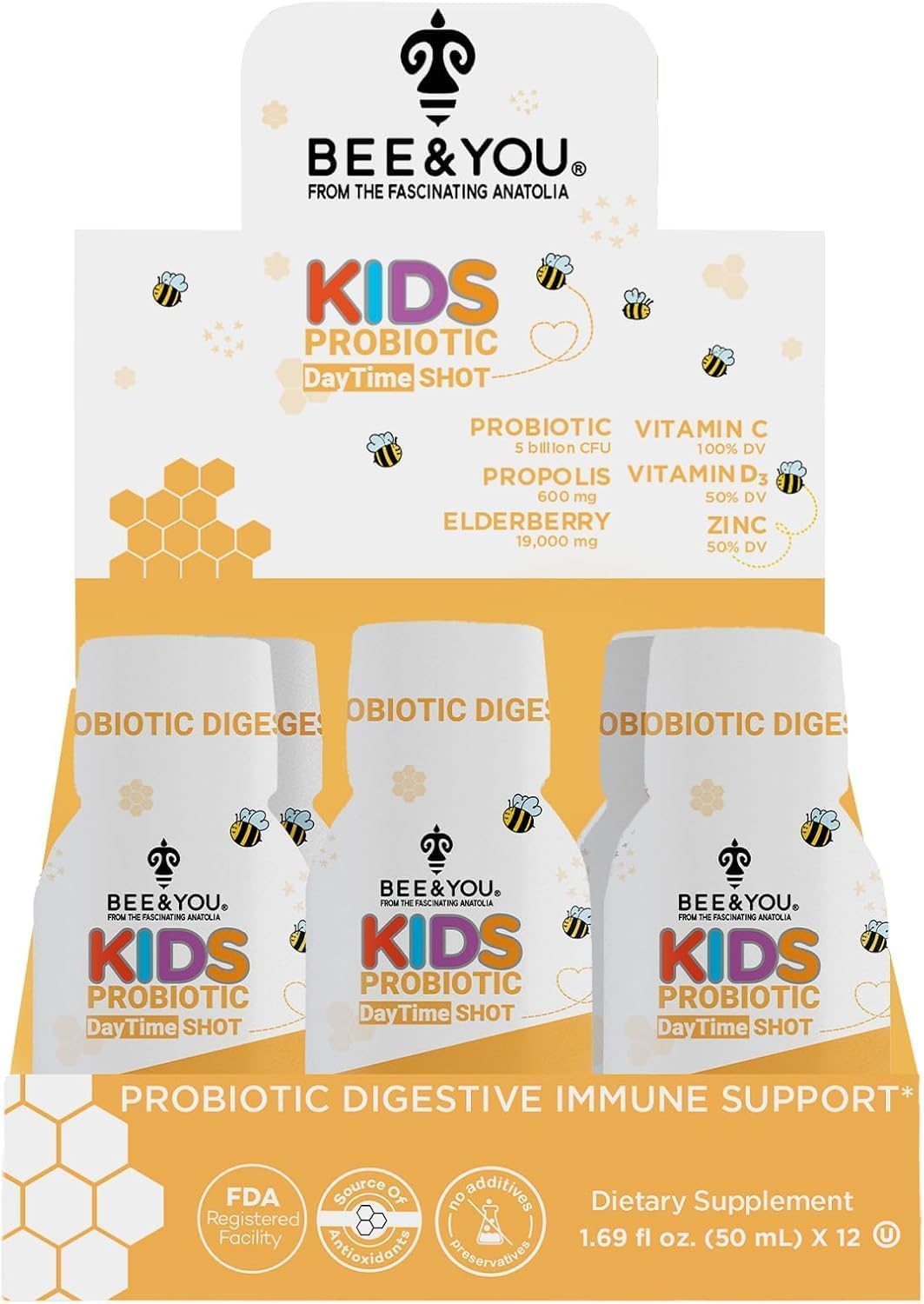 Bee & You Kids Propolis Immune Shot bottle on kitchen counter for daily immune support