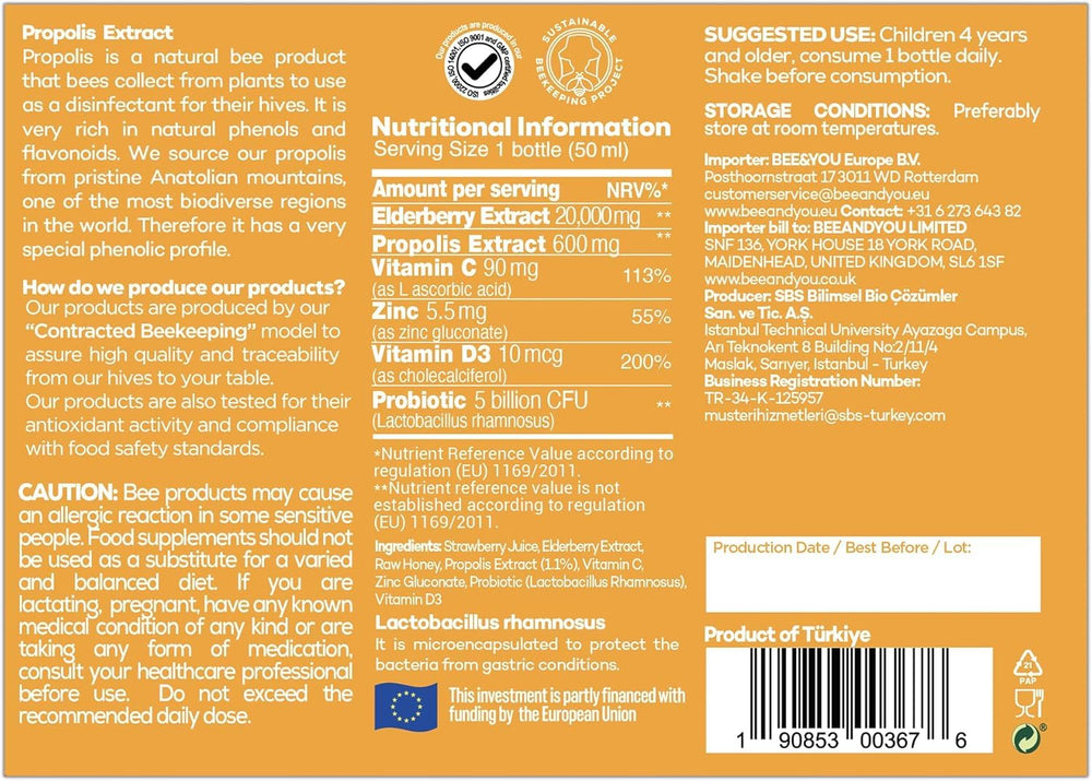 Bee & You Kids Propolis Immune Shot ingredients listed on the label