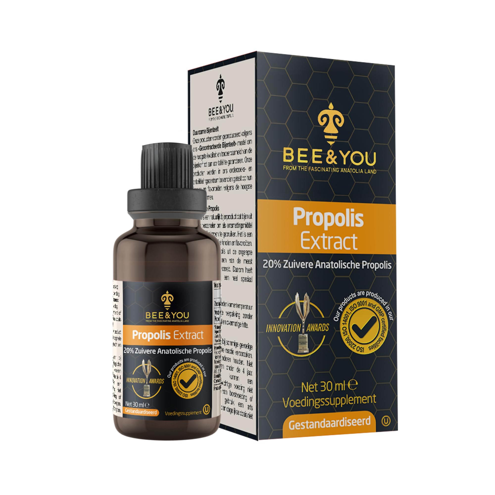 Pipette and amber propolis liquid ready for daily dosing with the drops.