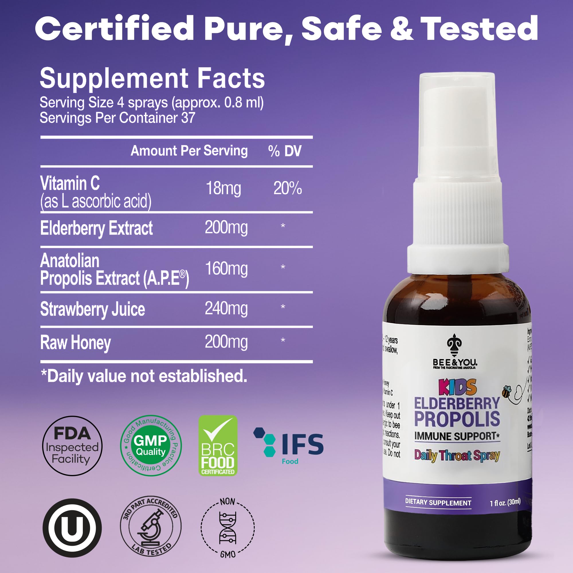Safety certificates label beside Bee & You bottle indicating quality standards