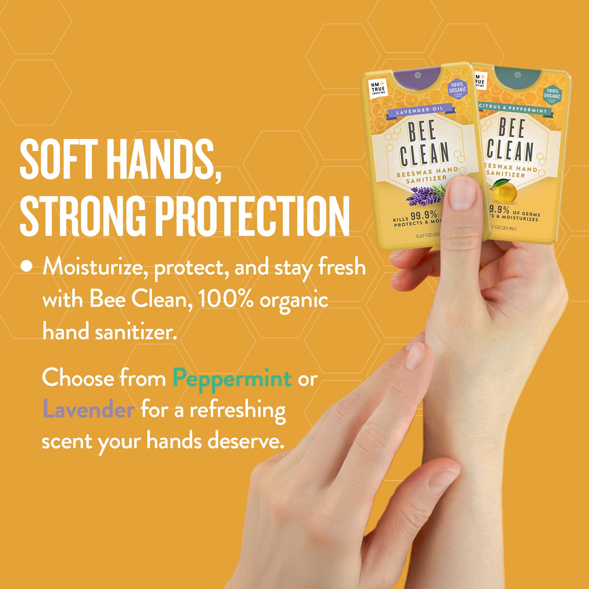 Beeswax hand sanitizer spray in lavender scent evokes calm freshness.