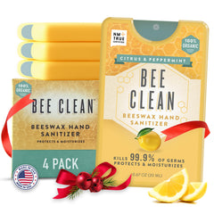 Bee Clean hand sanitizer 4-pack bottles show compact convenience for travel.