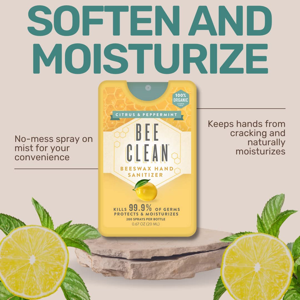 Bee Clean travel-size mist bottle captured for on-the-go cleanliness.