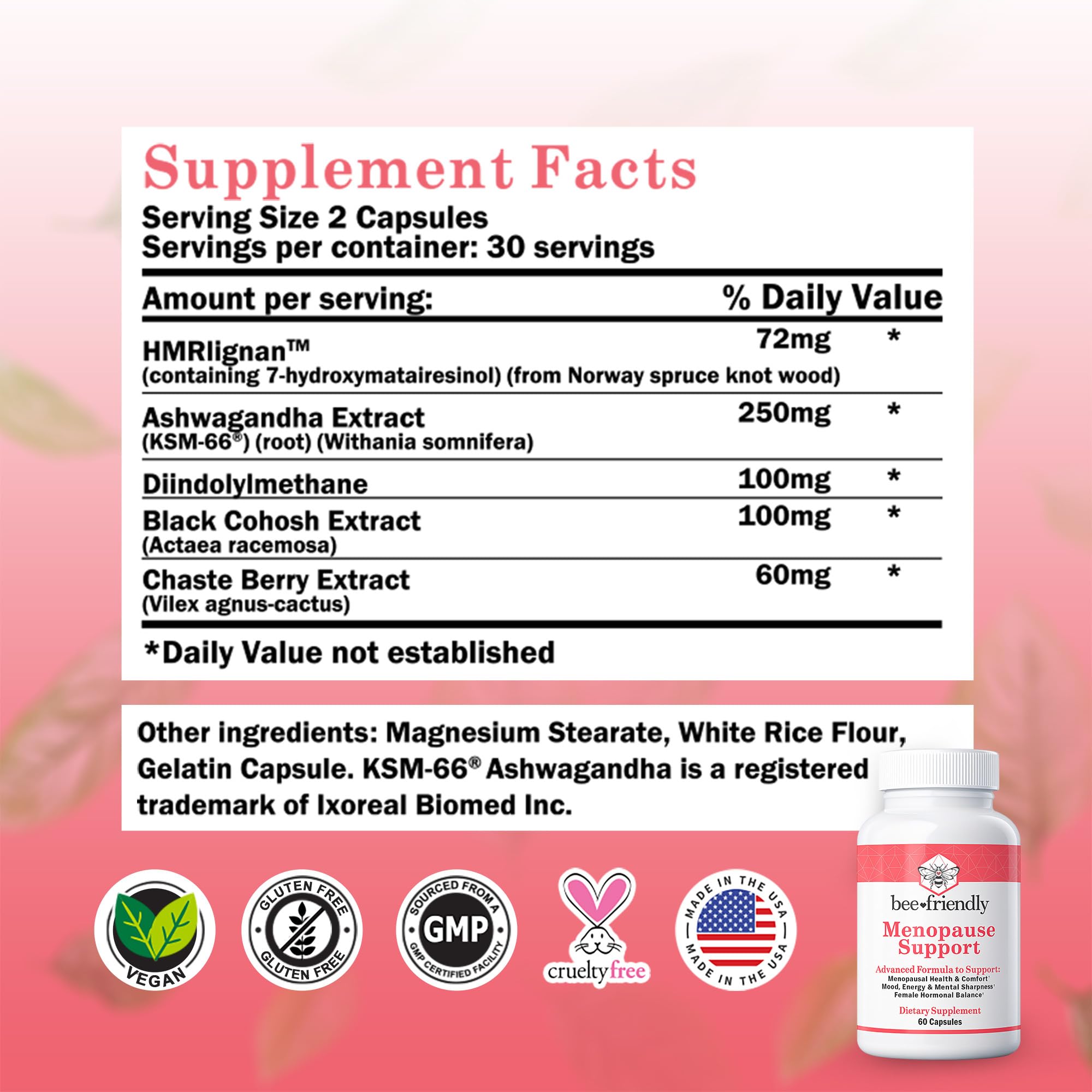 BeeFriendly Menopause bottle displays black cohosh and HMRlignan for hot flash relief