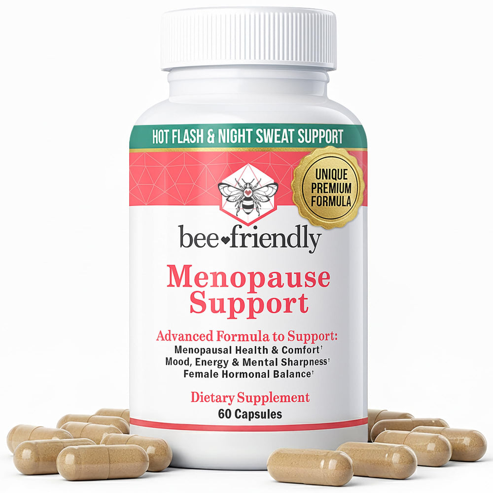 BeeFriendly Menopause bottle front view with DIM and black cohosh blend for balance