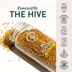 Beekeeper's Naturals bee pollen bottle pour offers convenient daily dosing for energy support.