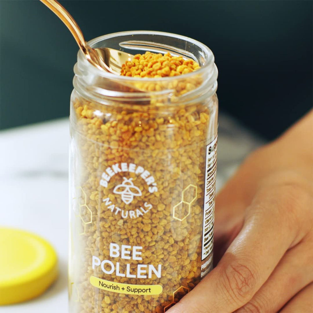 Beekeeper's Naturals enzymes preserved pollen conveys raw, enzyme-rich nutrition.