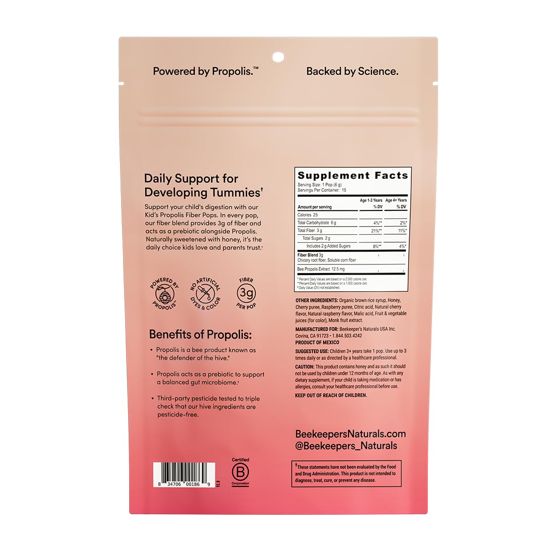 Beekeeper's Naturals Kids Prebiotic Fiber Pops Sweet Cherry flavor, convenient daily fiber for kids