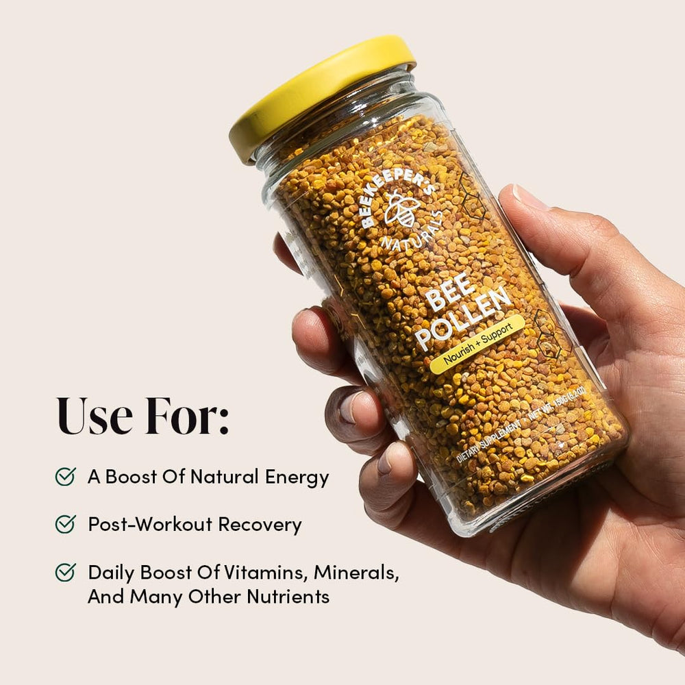 Beekeeper's Naturals pollen granules closeup showcases granular texture and purity.