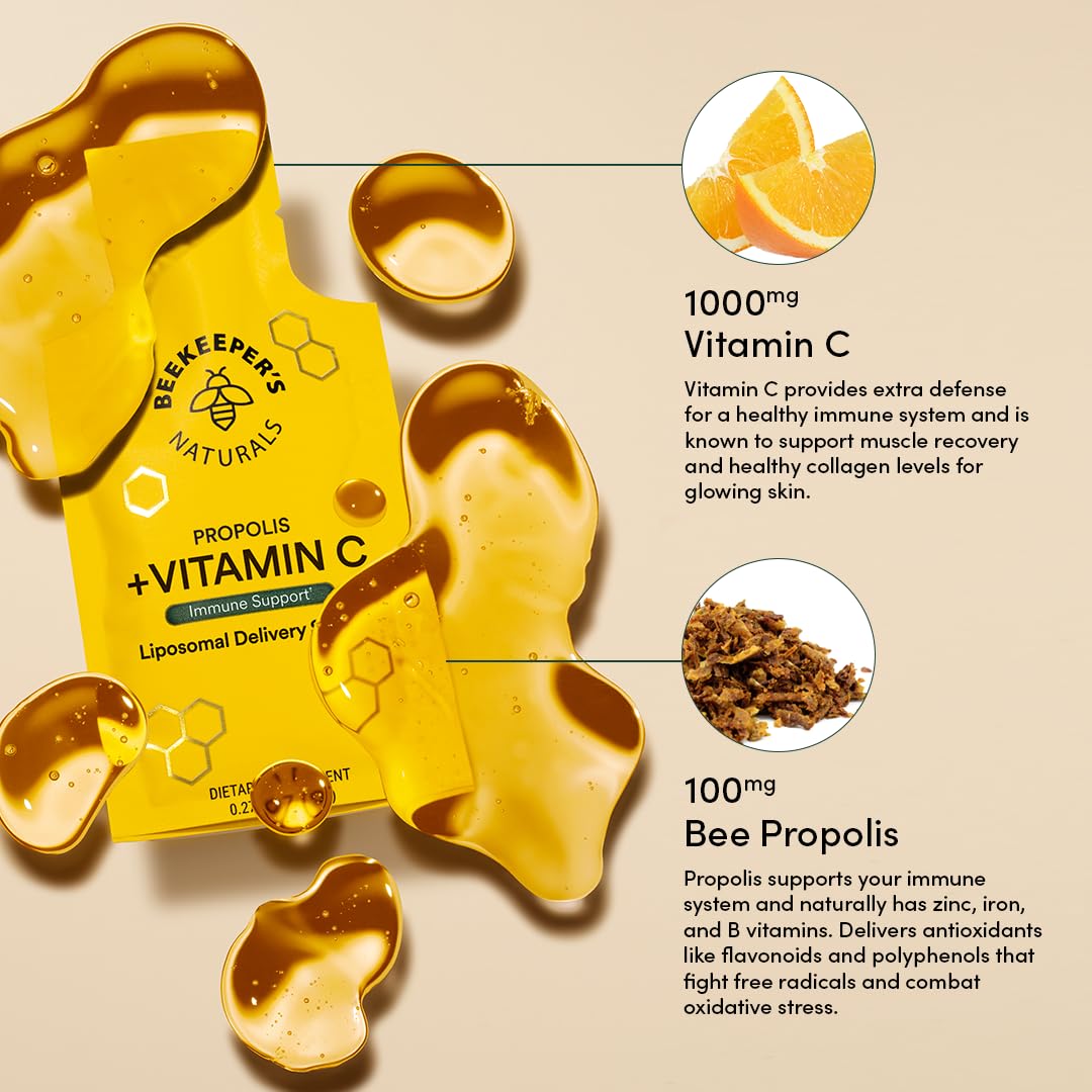 Closeup of Beekeeper's Naturals propolis and honey ingredients in liposomal formula