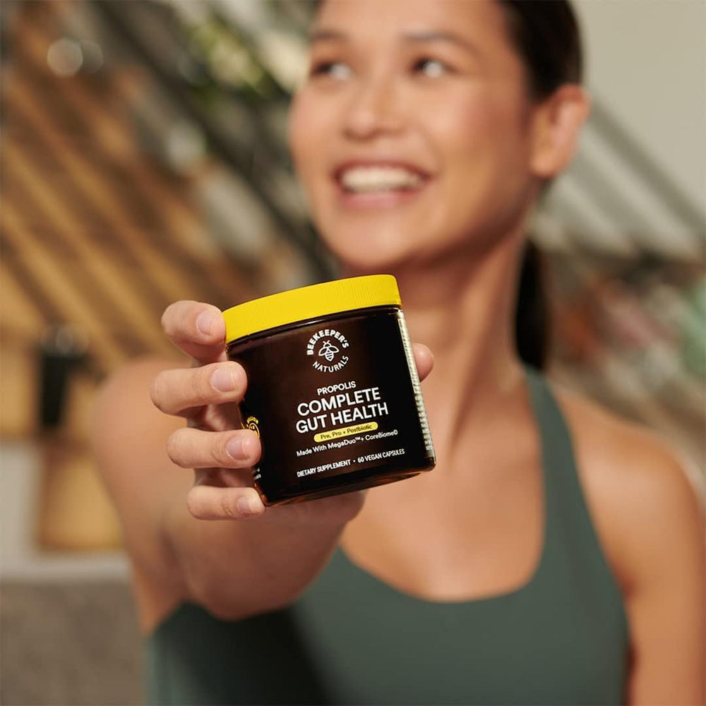 Beekeepers Naturals Complete Gut Health in a daily-use scene.