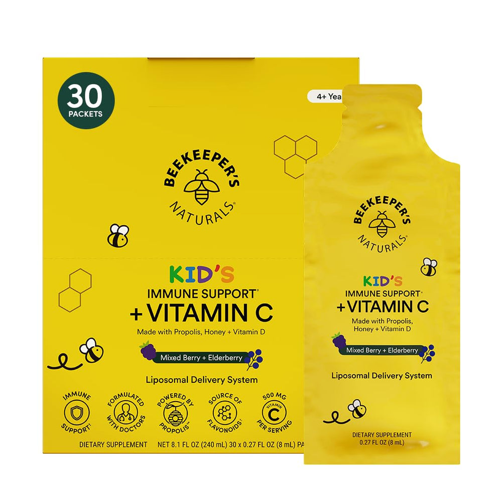 Beekeepers Naturals Kids Immune Liposomal Vitamin C packaging shown for convenient daily use