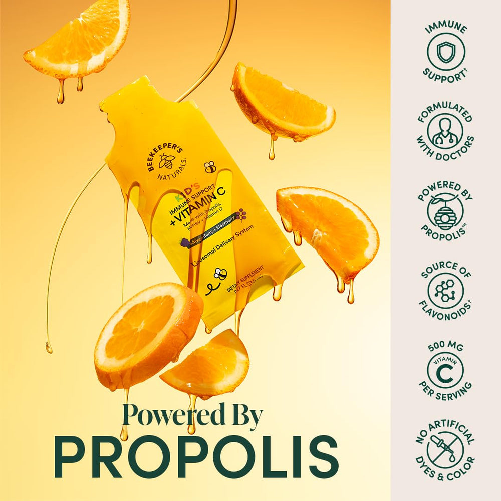 Beekeepers Naturals Kids Immune Liposomal Vitamin C sachets ready to squeeze into drinks