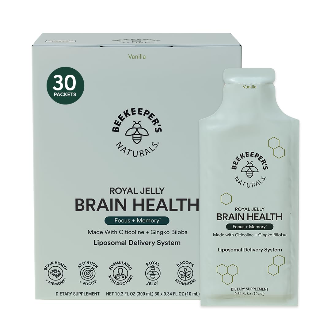 Beekeeper's Naturals nootropic brain supplement bottle with vanilla flavor for focused days.