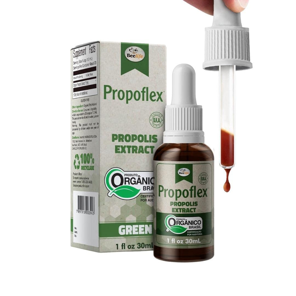 Beelife Propoflex organic green propolis bottle highlighting premium Artepillin-C source for daily wellness