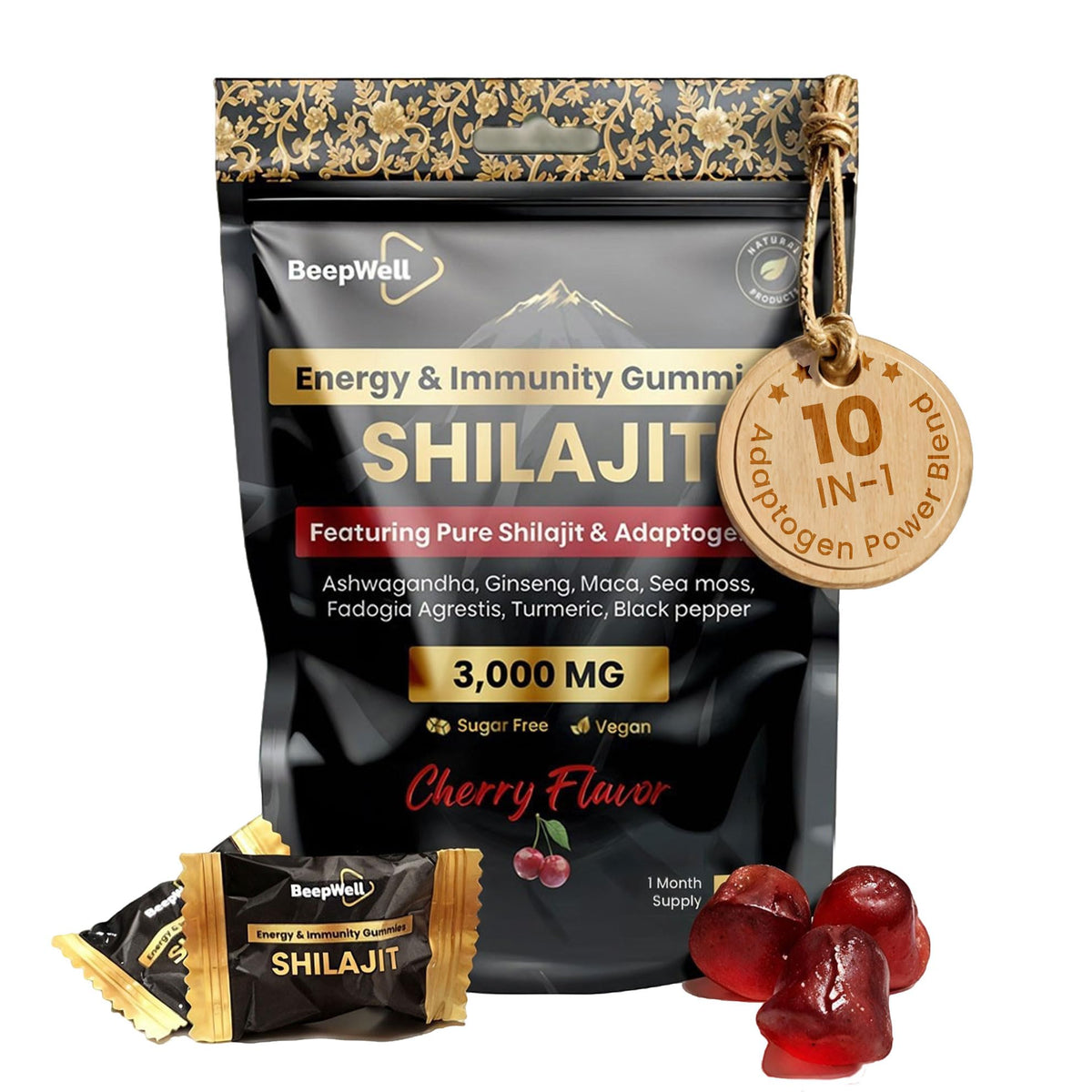 BeepWell Gold Shilajit Gummies bottle for convenient daily energy and balance.