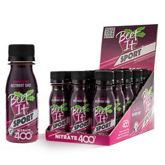 BEET IT Sport Pro-Elite Shot bottle label highlights 400 mg nitrates for natural stamina.