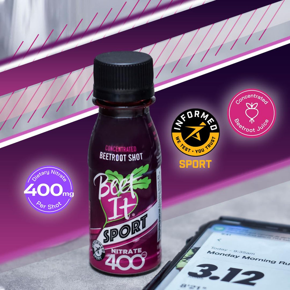 BEET IT label shows non-GMO ingredients and Informed-Sport certification.