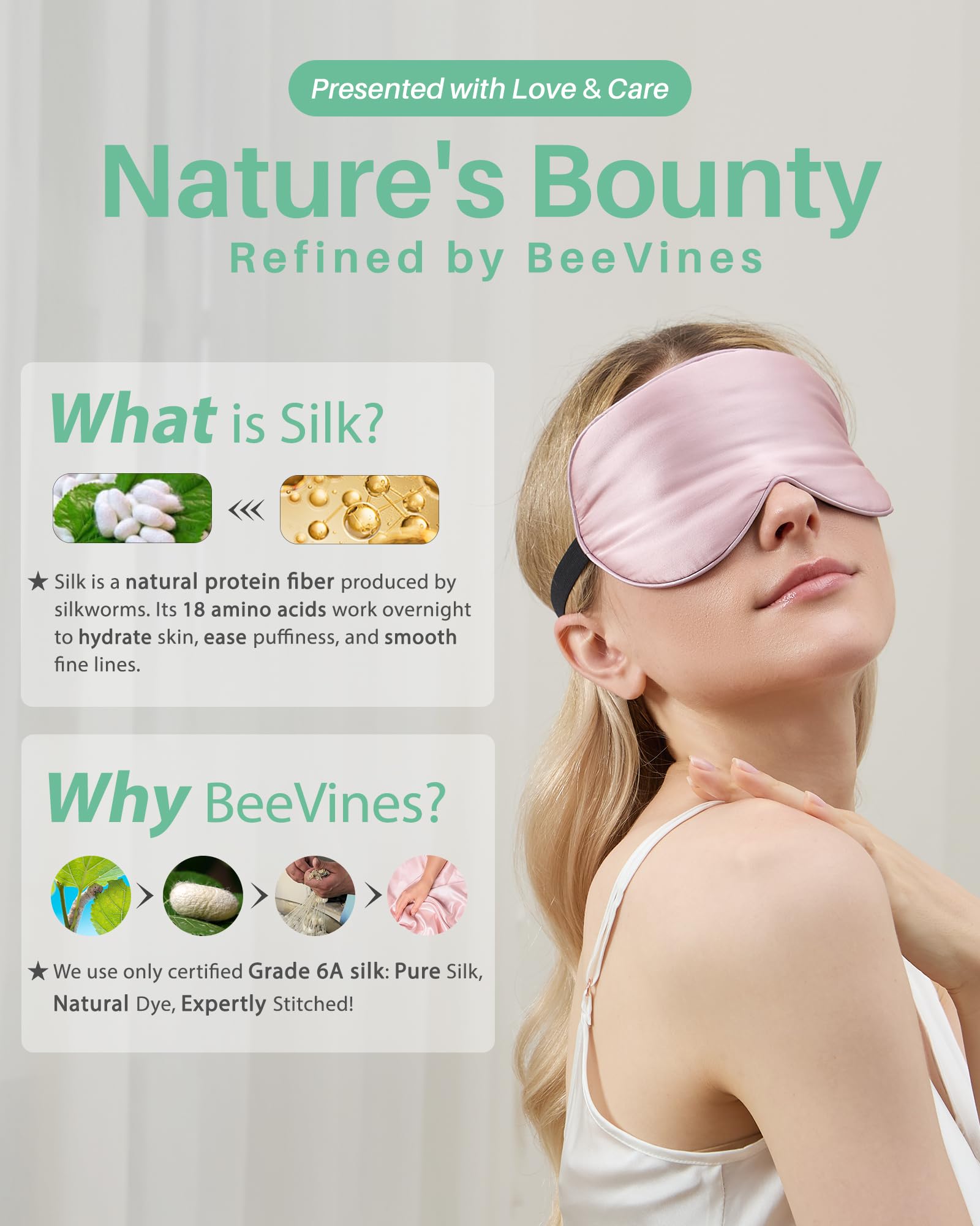 BeeVines durable silk eye mask with elastic strap stays in place during sleep.