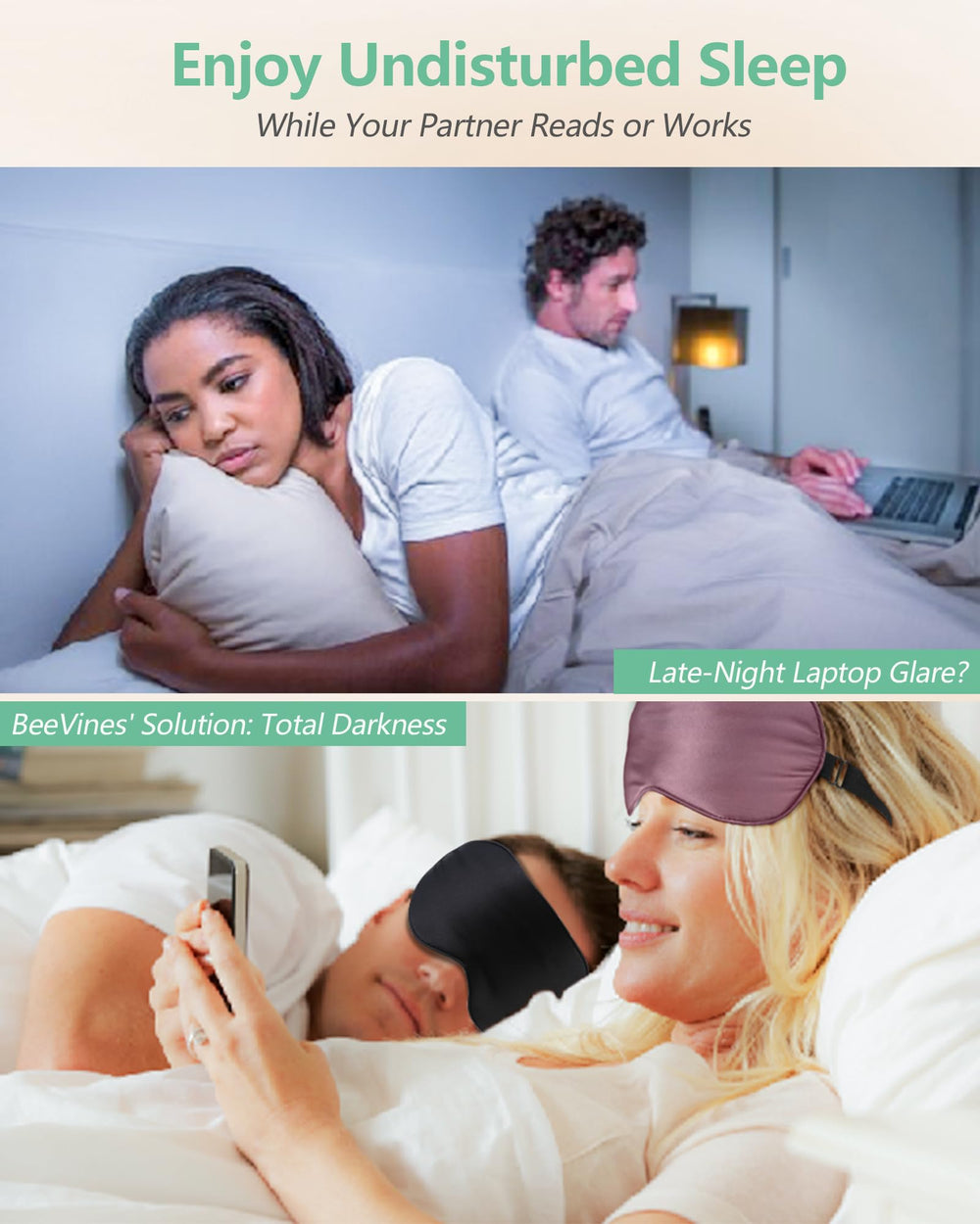BeeVines Silk eye mask shields light while supporting relaxed eyelids during naps.