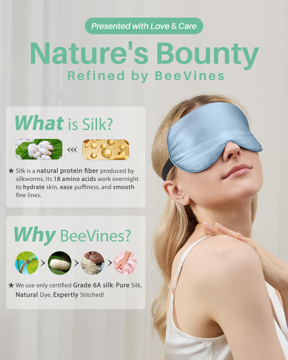 BeeVines silky-soft eye-mask close-up shows premium mulberry silk texture.