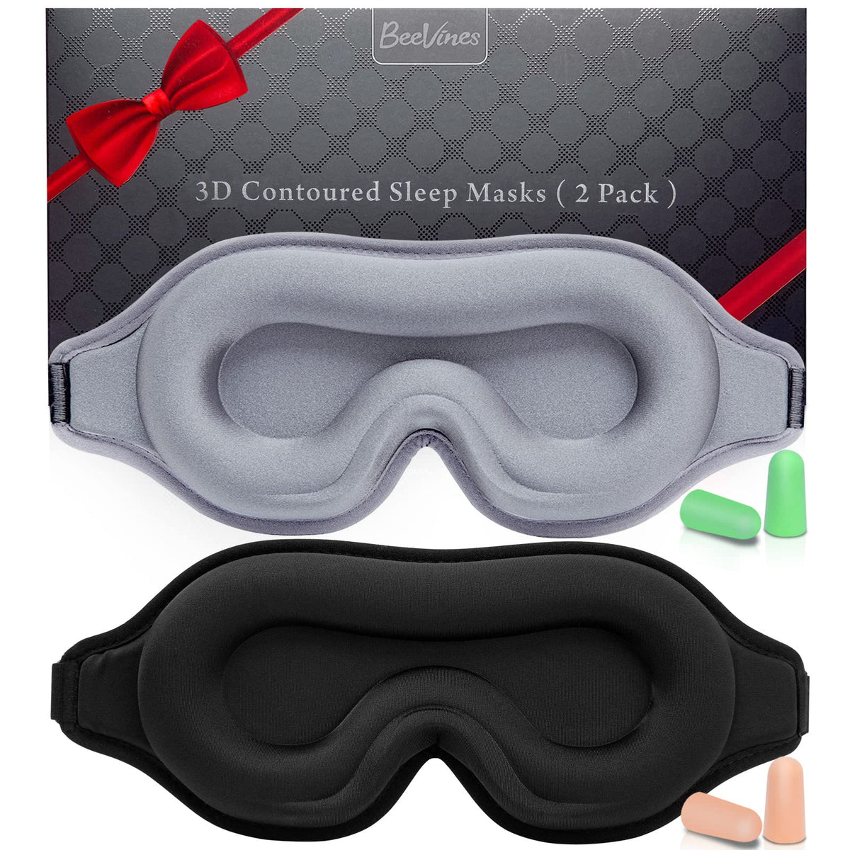 BeeVines sleep mask two-pack with 3D contours for full blackout and lash-friendly fit.